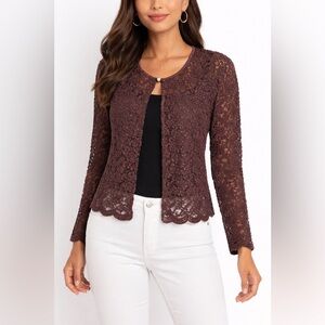 Signature by Robbie Bee brown see-through floral cape. Long sleeve Size Petite L